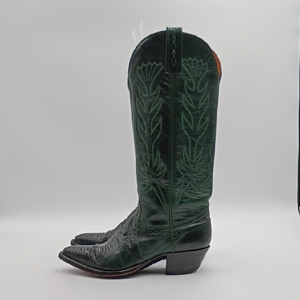 Vintage J. Chisolm Cowboy Boots 6 Green Exotic Lizard Leather Rodeo Stagecoach